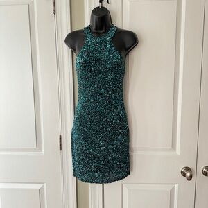Parker XS Mariah Teal Beaded Sequined Mini Dress
